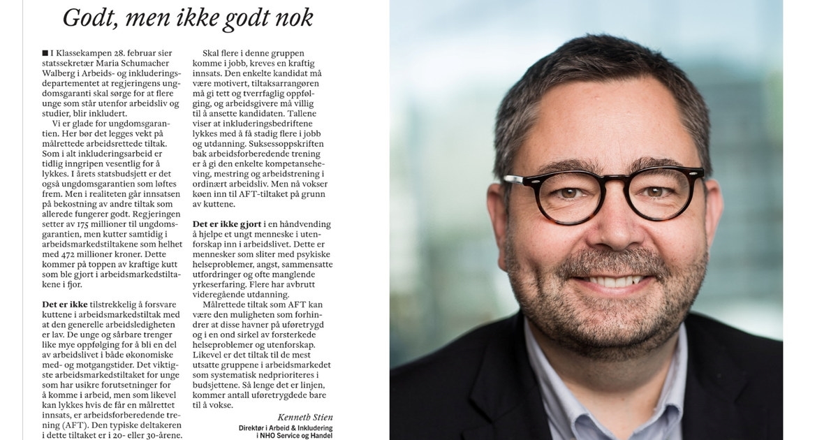 Faksimile fra Klassekampen 03.03.2023 med bilde av Kenneth Stien, direktør i Arbeid & Inkludering